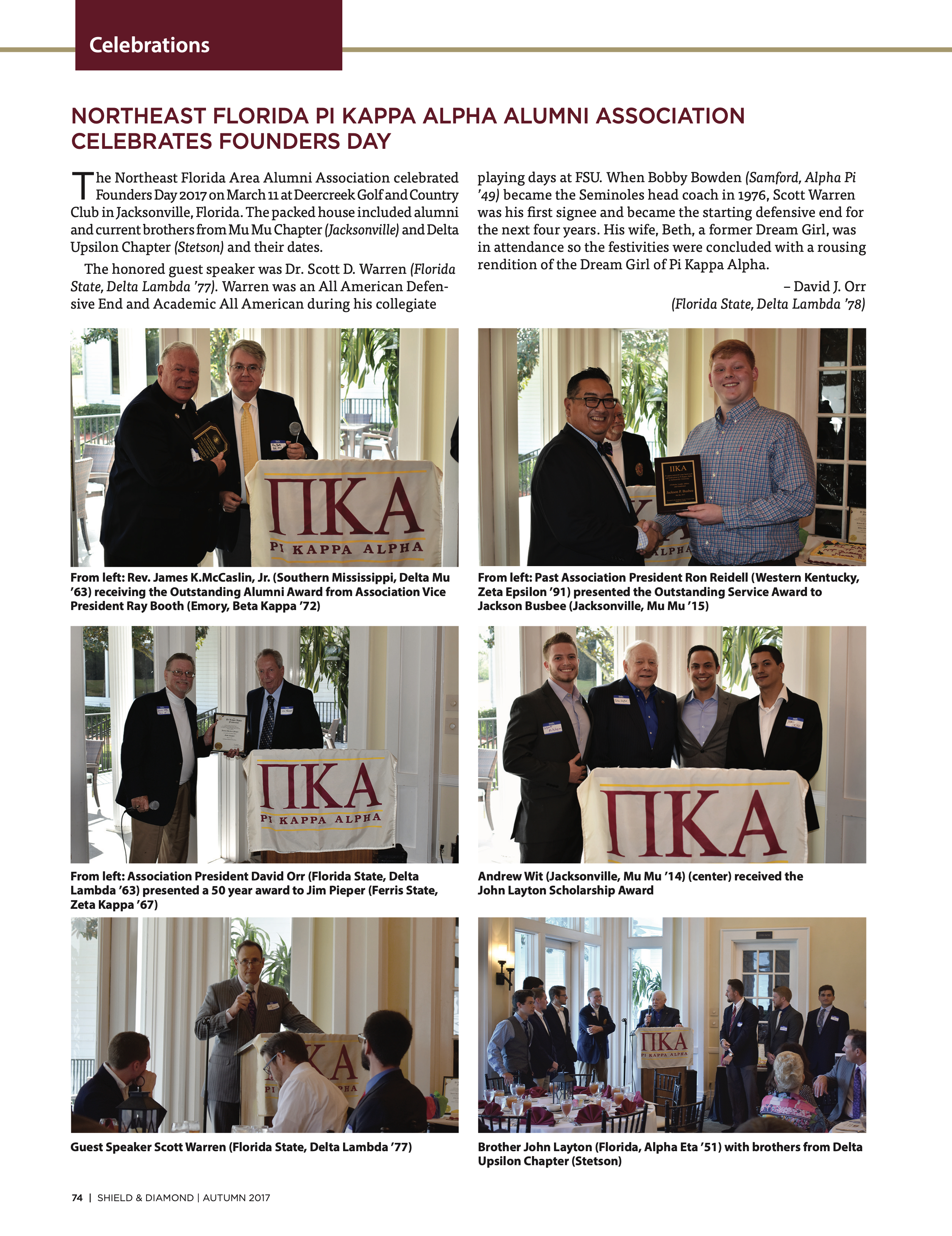 Celebrations: Northeast Florida Pi Kappa Alpha Alumni Association Celebrates Founders Day, Autumn 2017